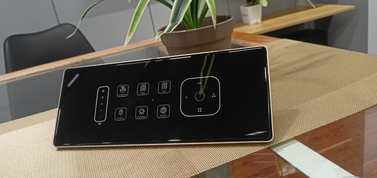 Black glass scene panel with labelled circuits