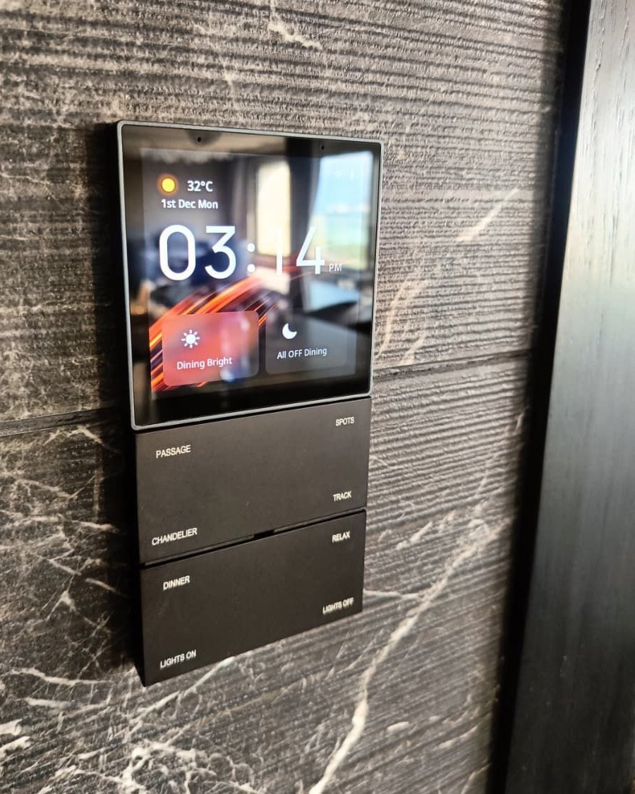 Norvixx scene screen and keypads set into black marble