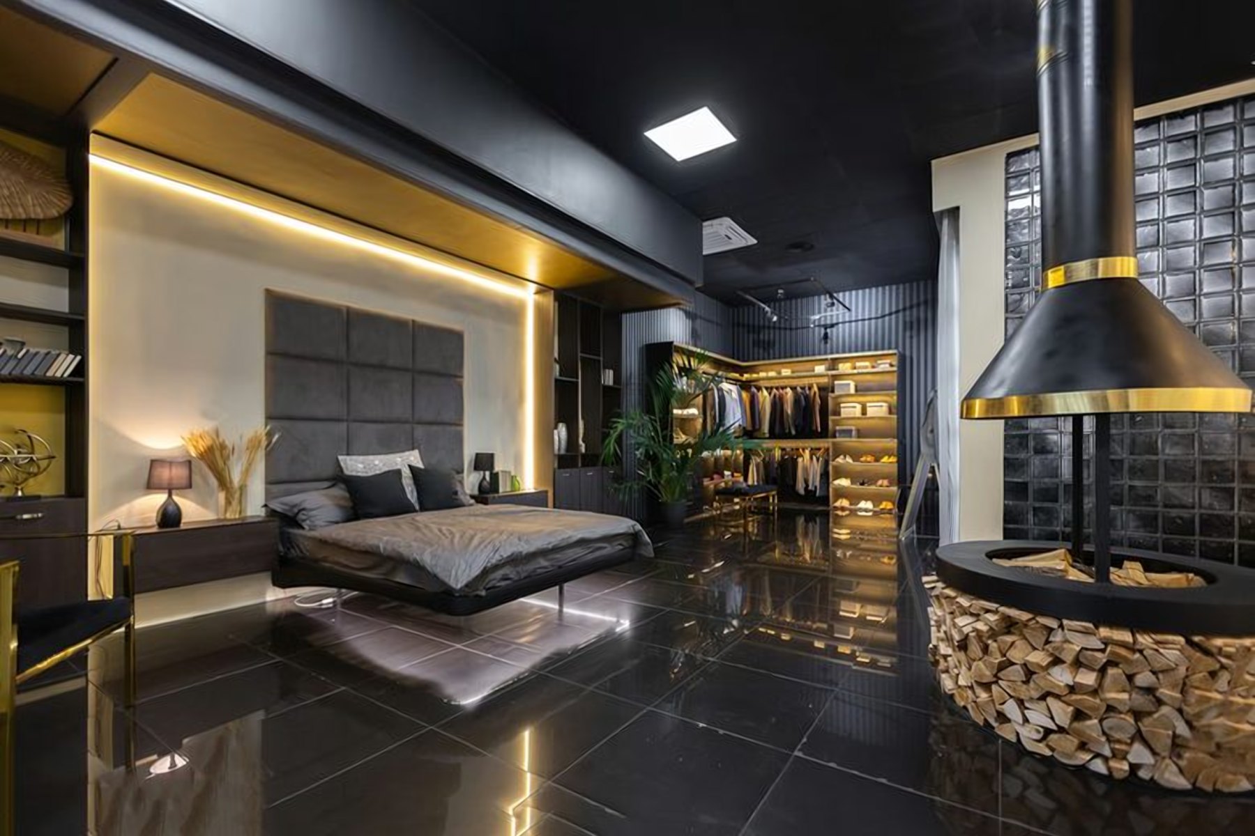 Bedroom with layered architectural lighting