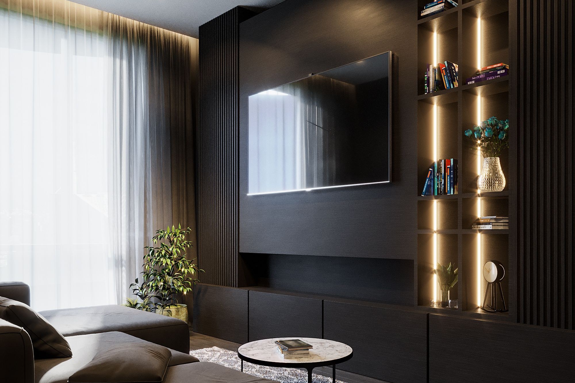 Lounge with sheer curtains whose lighting changes with the selected scene